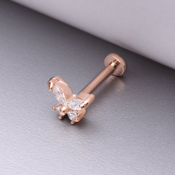 Detail View 1 of Rose Gold Butterfly Sparkle Prong Set Top Internally Threaded Steel Flat Back Stud Labret-Clear Gem